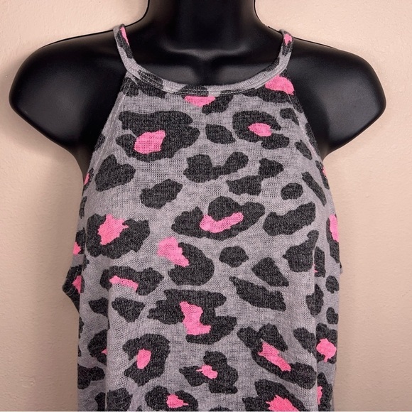 MEDIUM FANTASTIC FAWN TANK GREY PINK KNIT ANIMAL LEOPARD PRINT STRETCH - Picture 2 of 11